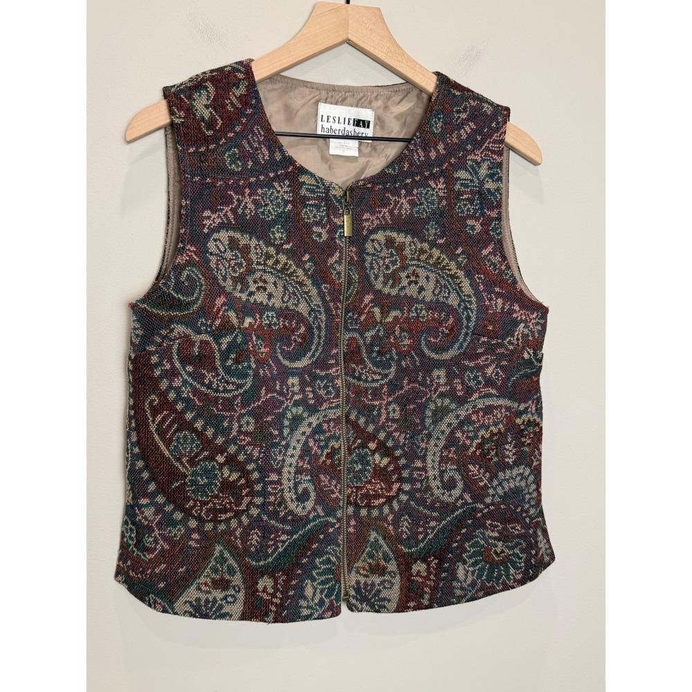 VTG Leslie Fay Tapestry Zip Vest Paisley Grannycore Cottagecore 90s S Fall Layer